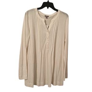 J. Jill Women’s Cream Quarter Button Pleated V-Neck Long Sleeve Top Size L